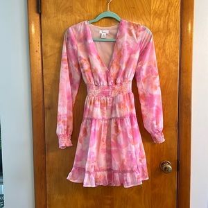 Size small long sleeve short dress. Pink, orange and purple pattern.